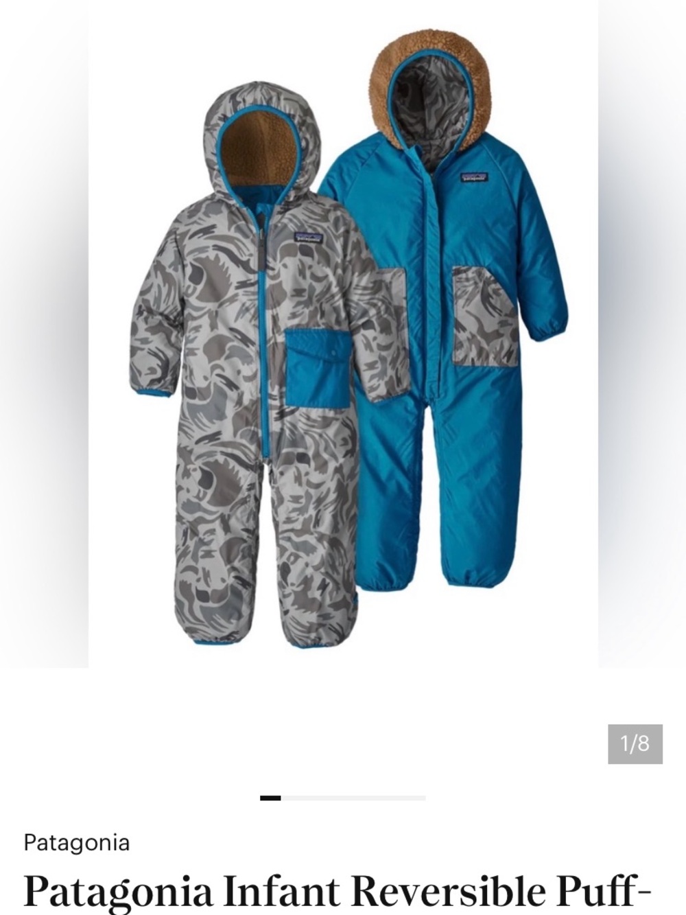 Patagonia Reversible Gray Camo Blue Kids Snowsuit with Blue Pockett size 18-24M